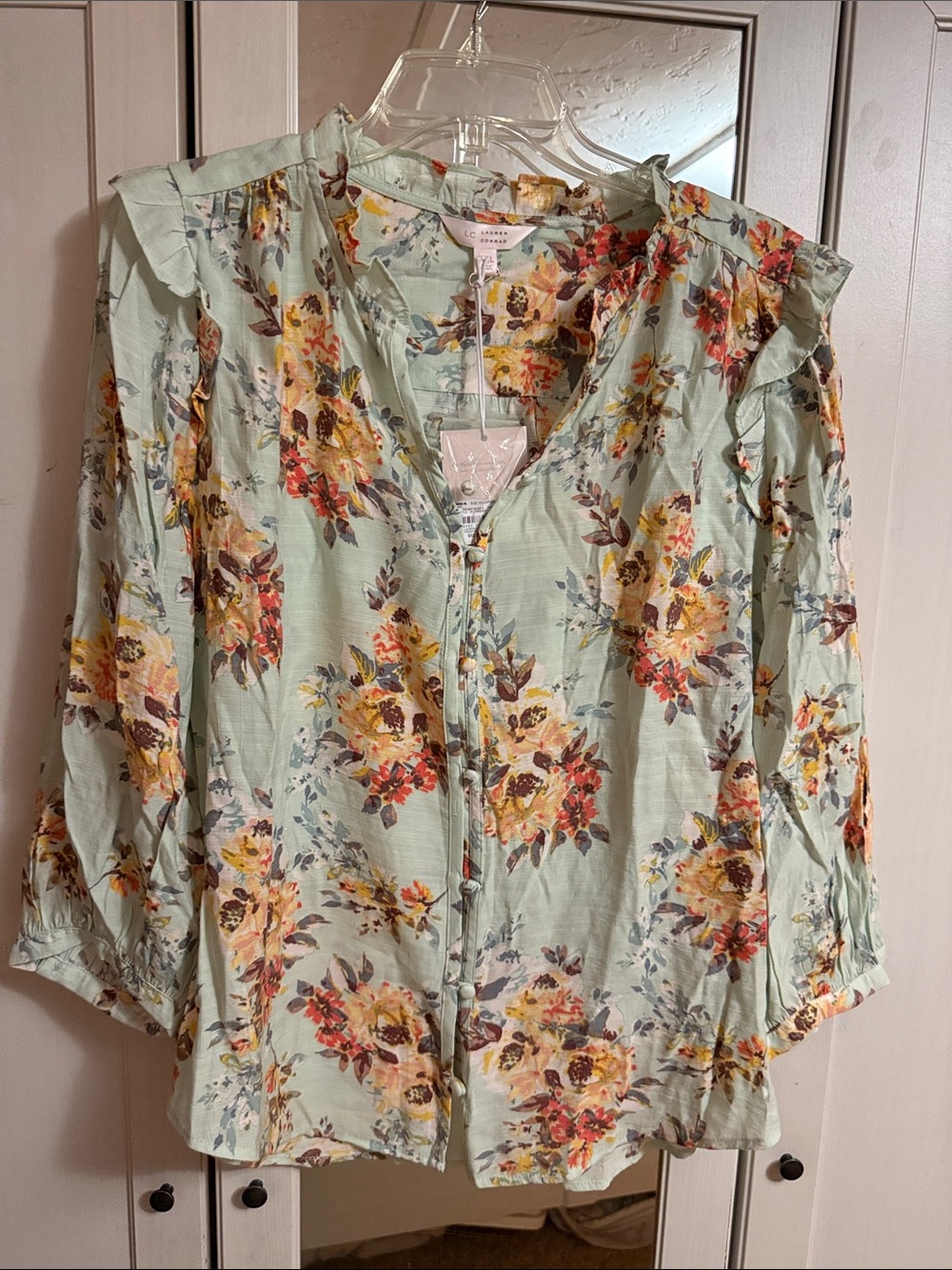 LC Lauren Conrad Mint Green Floral Ruffle Button Blouse